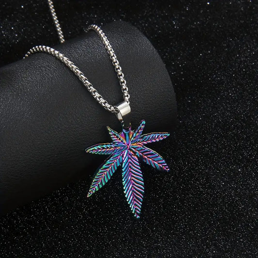 Rainbow Leaf Pendant Necklace - Stainless Steel Chain