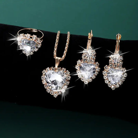 4-Piece Gold-Tone Jewelry Set – Heart Rhinestone Necklace, Earrings, Ring & Cup Design, Stainless Steel