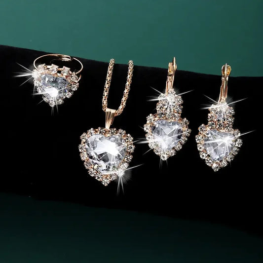 4-Piece Gold-Tone Jewelry Set – Heart Rhinestone Necklace, Earrings, Ring & Cup Design, Stainless Steel