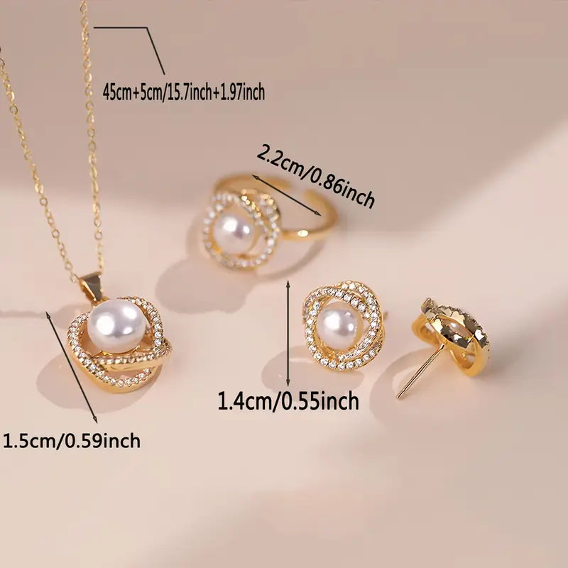 Vintage-Inspired 4-Piece Jewelry Set – Elegant Faux Pearl & Sparkling Rhinestones