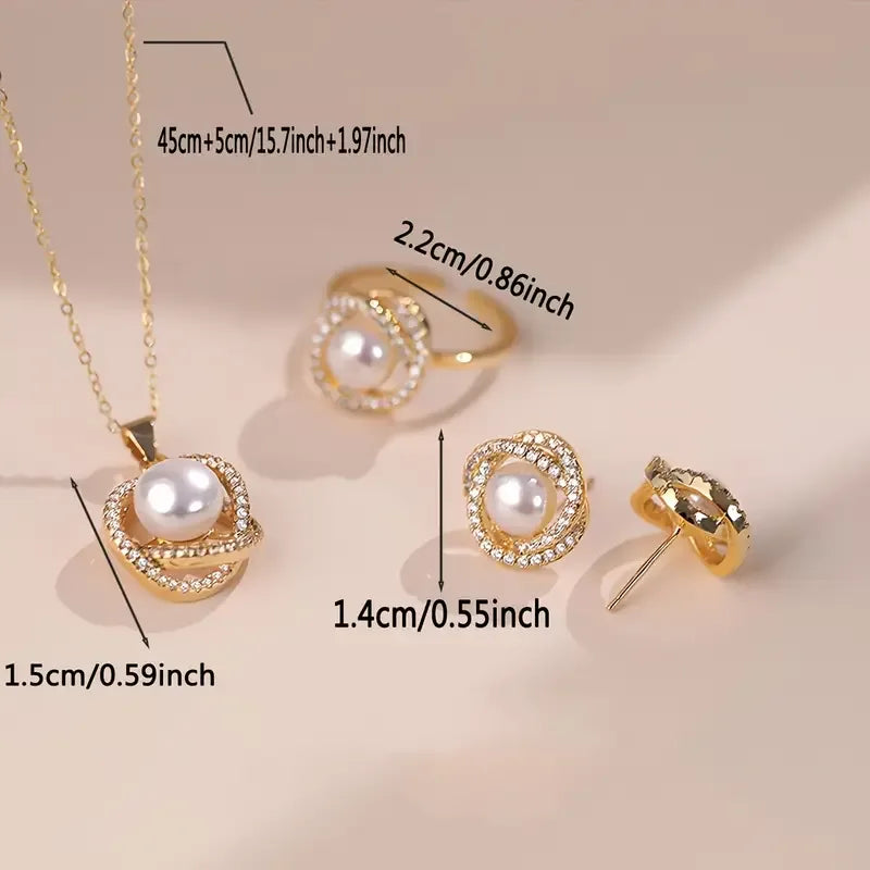 Vintage-Inspired 4-Piece Jewelry Set – Elegant Faux Pearl & Sparkling Rhinestones