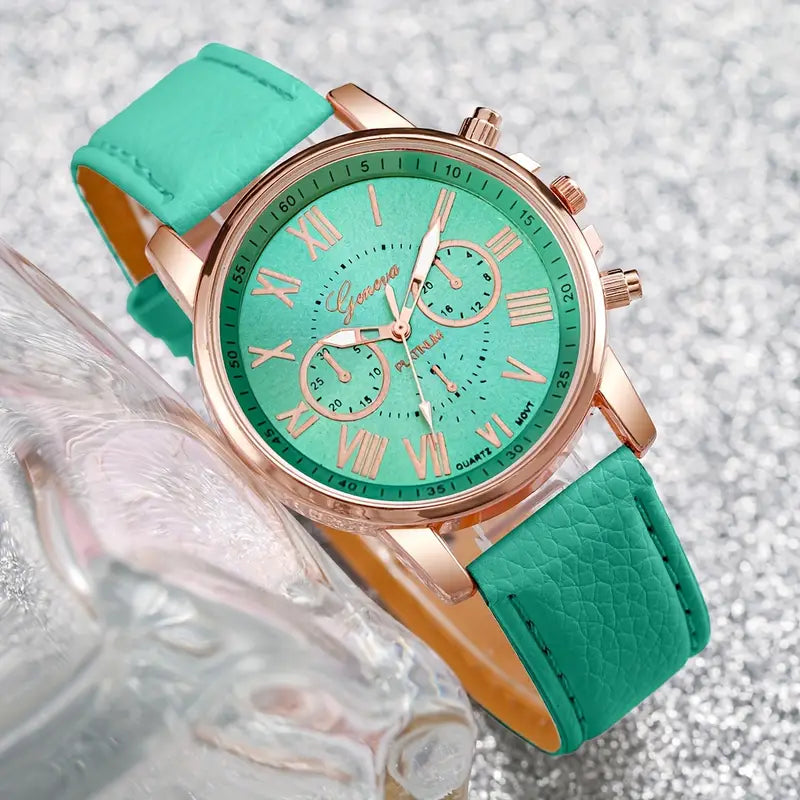 Women's Quartz Watch Set – Elegant Roman Numeral Dial with PU Leather Strap, Perfect Gift for Any Occasion