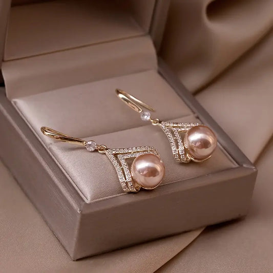 Celestial Drop Earrings – Rhinestone & Pearl Design, Champagne-Toned, Perfect for Daily Wear
