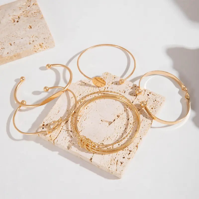 5-Piece Minimalist Bangle Set – Geometric Round & Knotted Open Cuff Design, Retro Trendy Style