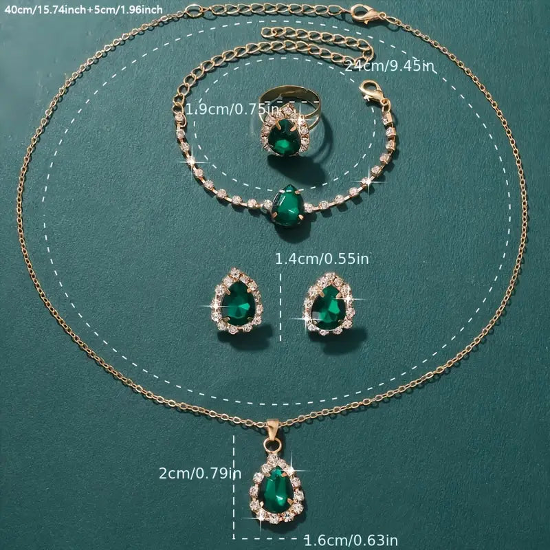 5-Piece Luxury Women's Jewelry Set - Green Emerald Faux Stones
