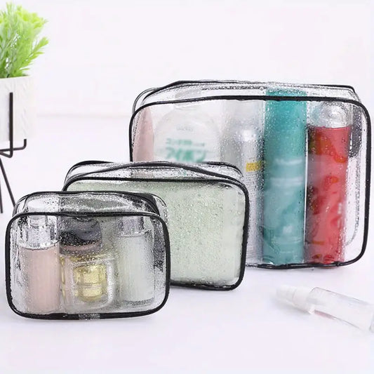 3-Piece Transparent Travel Makeup Bag Set – Durable Cosmetic Organizer with Zipper