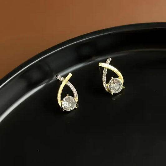 925 Sterling Silver Teardrop Stud Earrings – Cross Line Design with Rhinestone Accents, Hypoallergenic