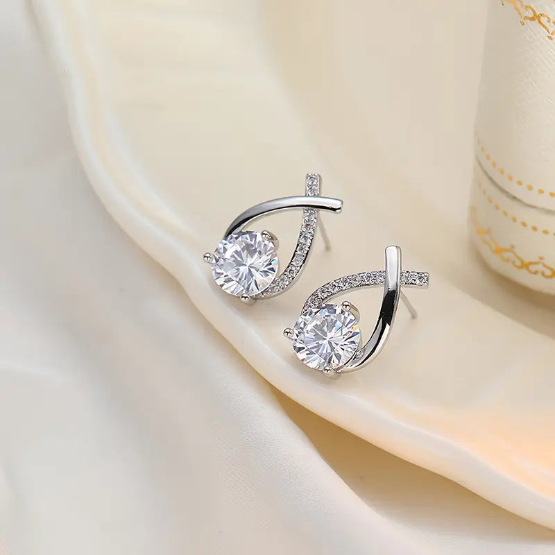 925 Sterling Silver Teardrop Stud Earrings – Cross Line Design with Rhinestone Accents, Hypoallergenic