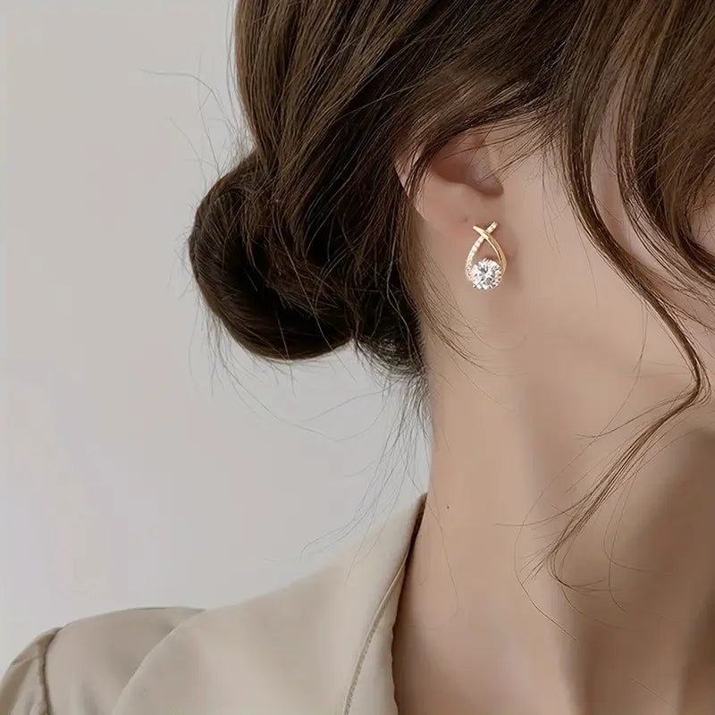 925 Sterling Silver Teardrop Stud Earrings – Cross Line Design with Rhinestone Accents, Hypoallergenic