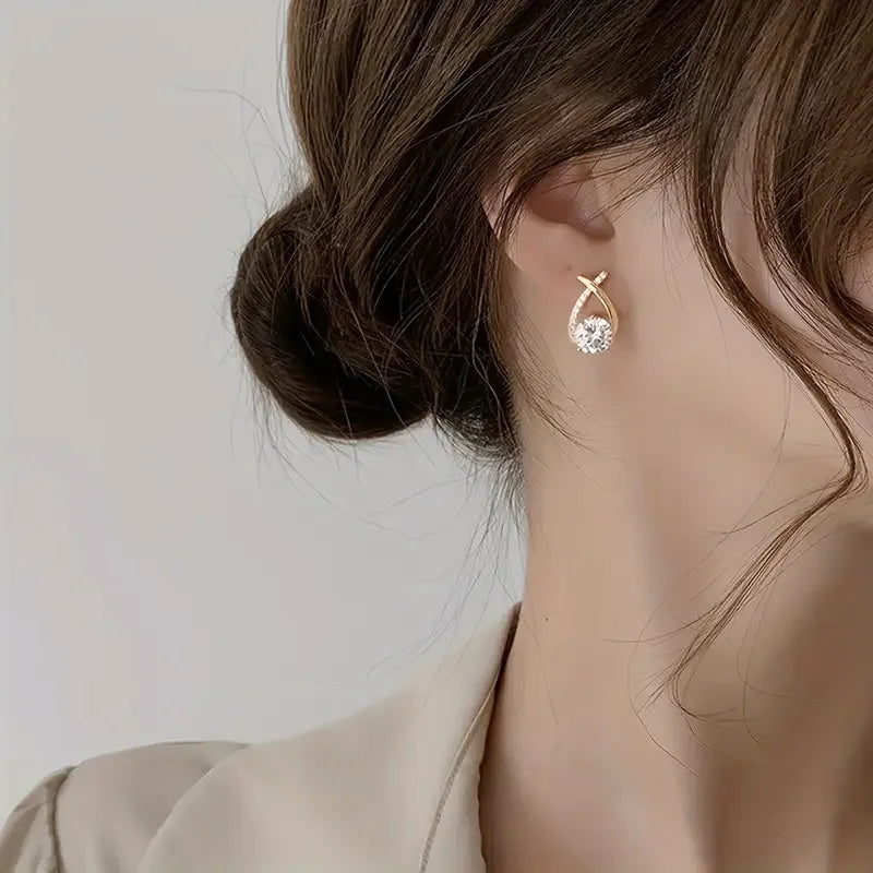 925 Sterling Silver Teardrop Stud Earrings – Cross Line Design with Rhinestone Accents, Hypoallergenic