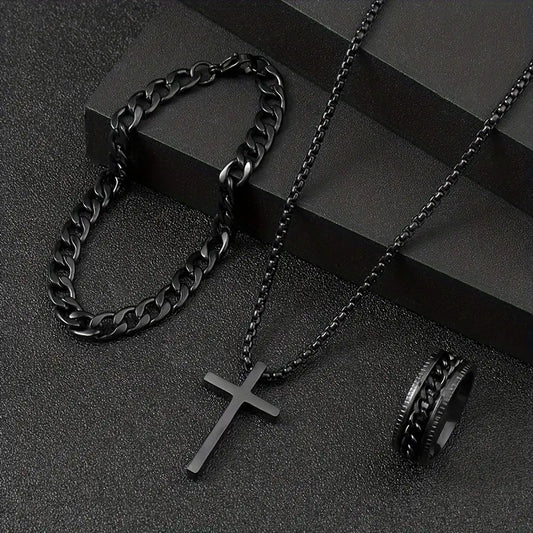 3-Piece Cross Jewelry Set – Black Gunmetal Necklace, Bracelet & Ring, Perfect for Gifting