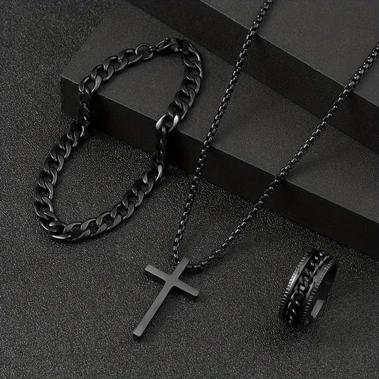 3-Piece Cross Jewelry Set – Black Gunmetal Necklace, Bracelet & Ring, Perfect for Gifting