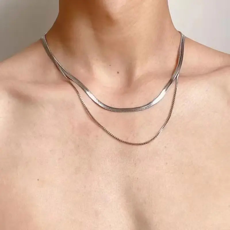 925 Silver-Plated 2-Piece Avant-Garde Necklace Set – Snake & Box Chain, Unisex Fashion Jewelry