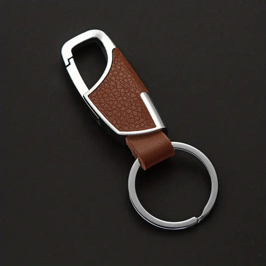 Stainless Steel & Leather finish Car Keychain - Key Ring with Spring-Loaded Clip