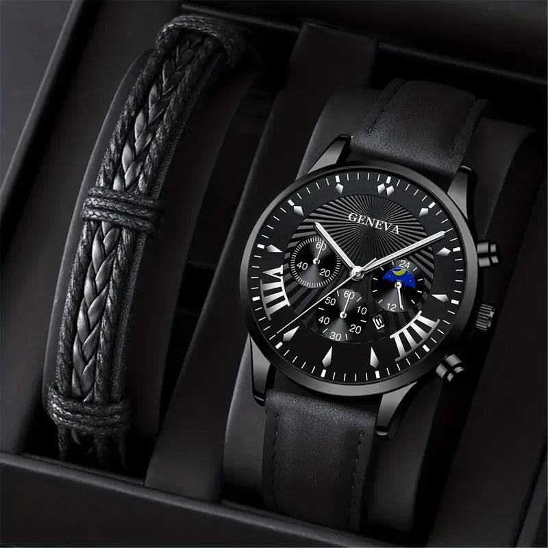 2pc Men's Fashion Quartz Watch - Includes Braided Bracelet - Business & Casual Wear