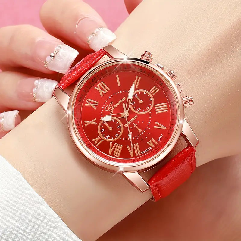 Women's Quartz Watch Set – Elegant Roman Numeral Dial with PU Leather Strap, Perfect Gift for Any Occasion