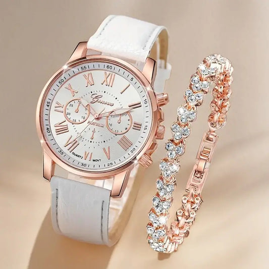 2-Piece Ladies' Watch Set – PU Leather Strap Watch with Heart-Shaped Faux Diamond Bracelet