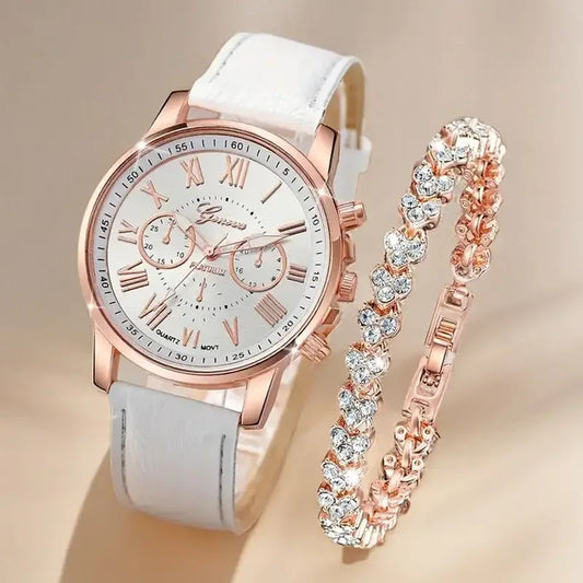2-Piece Ladies' Watch Set – PU Leather Strap Watch with Heart-Shaped Faux Diamond Bracelet