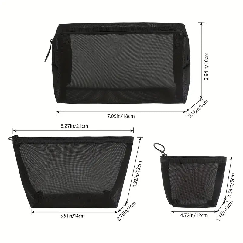 3-Piece Mesh Cosmetic Bag Set – Portable Travel Makeup & Toiletry Organizer with Zipper Closure