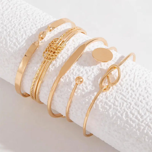 5-Piece Minimalist Bangle Set – Geometric Round & Knotted Open Cuff Design, Retro Trendy Style