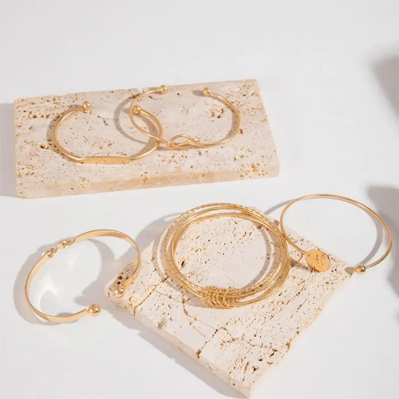 5-Piece Minimalist Bangle Set – Geometric Round & Knotted Open Cuff Design, Retro Trendy Style