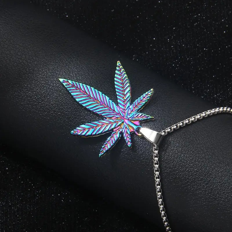 Rainbow Leaf Pendant Necklace - Stainless Steel Chain