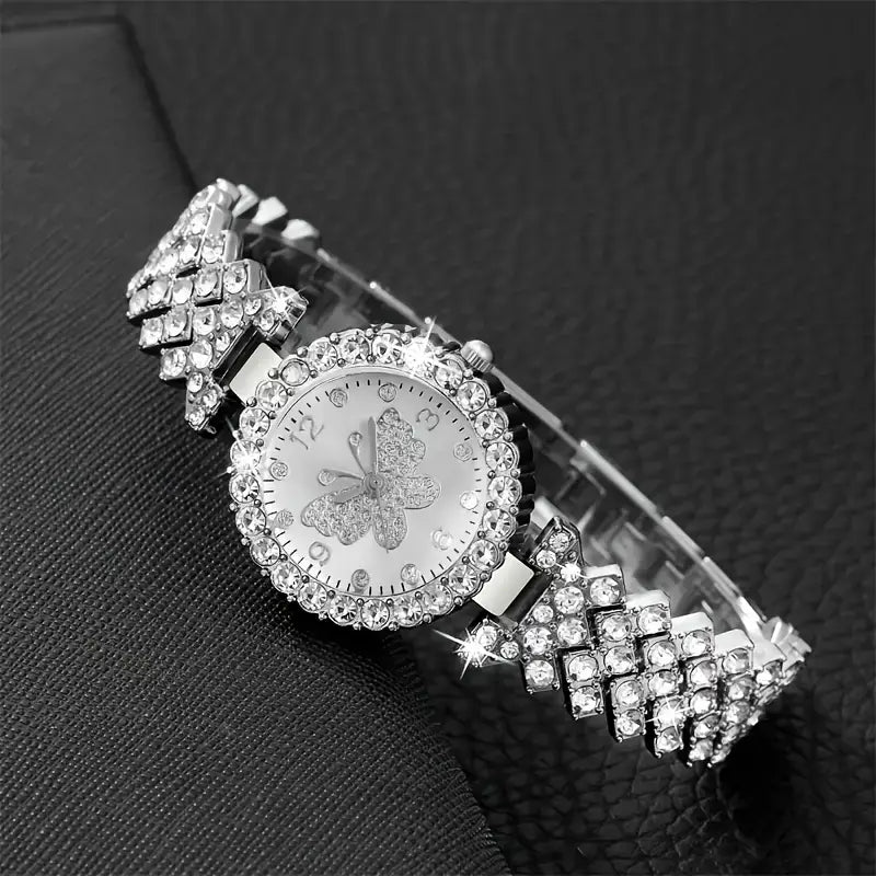 Heart-Shaped Rhinestone Bracelet & Butterfly Watch Set - Elegant & Sparkling- Perfect For Her