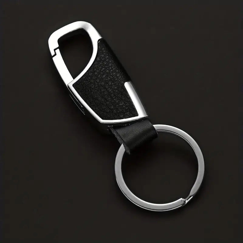 Stainless Steel & Leather finish Car Keychain - Key Ring with Spring-Loaded Clip