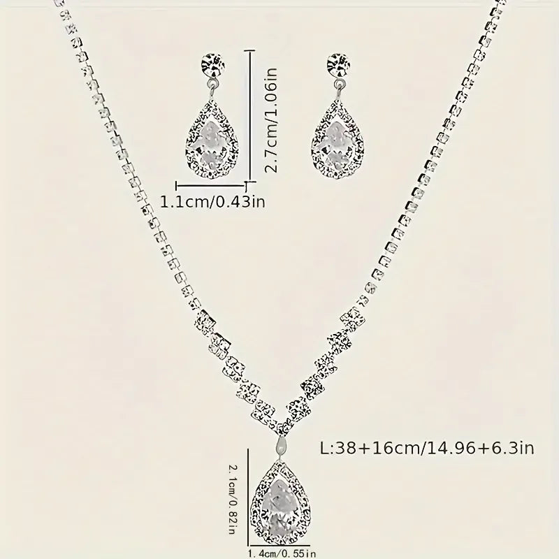 Teardrop Zirconia Jewelry Set - Vintage-Inspired Silvery 3pc Necklace & Earrings