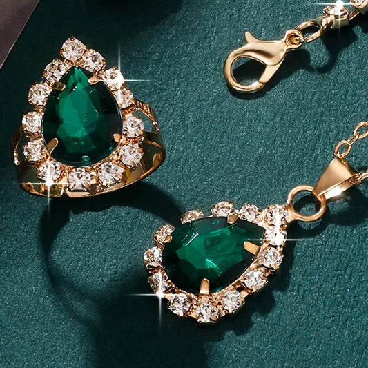 5-Piece Luxury Women's Jewelry Set - Green Emerald Faux Stones