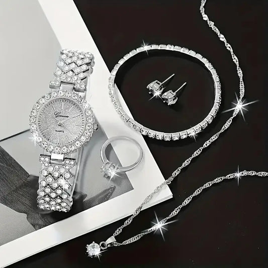 6-Piece Women's Quartz Watch & Jewelry Set - Elegant Faux Diamond Design