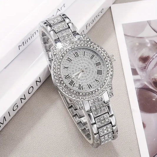4-Peice Fashionable Women's Quartz Watch Set - Rhinestone Stainless Steel Bands
