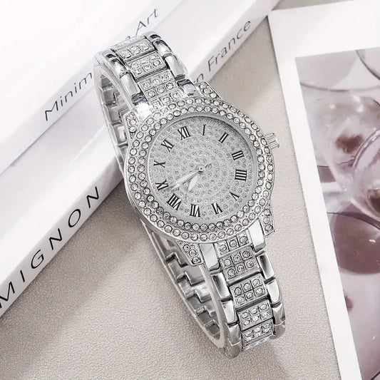 4-Peice Fashionable Women's Quartz Watch Set - Rhinestone Stainless Steel Bands