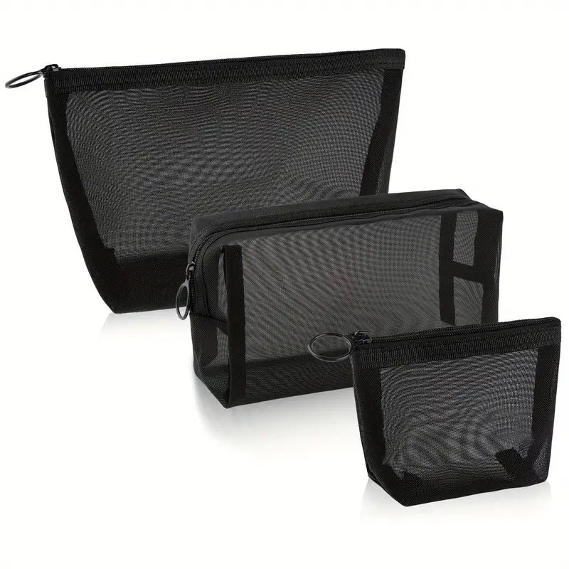 3-Piece Mesh Cosmetic Bag Set – Portable Travel Makeup & Toiletry Organizer with Zipper Closure