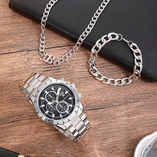 Men’s Stainless Steel Watch Set – 4-Piece Classic Chrono Style for Everyday Confidence