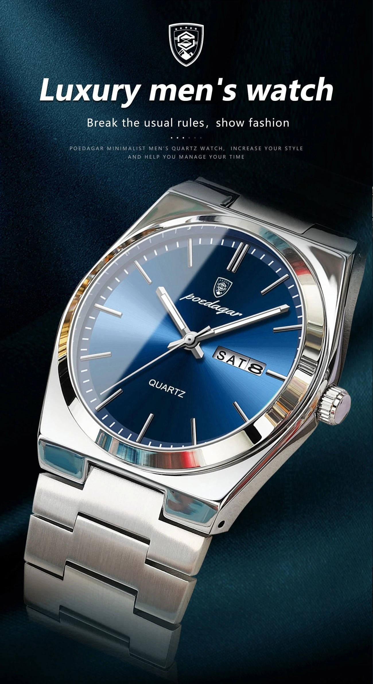 POEDAGAR Men's Luxury Quartz Watch – Stainless Steel Calendar Display