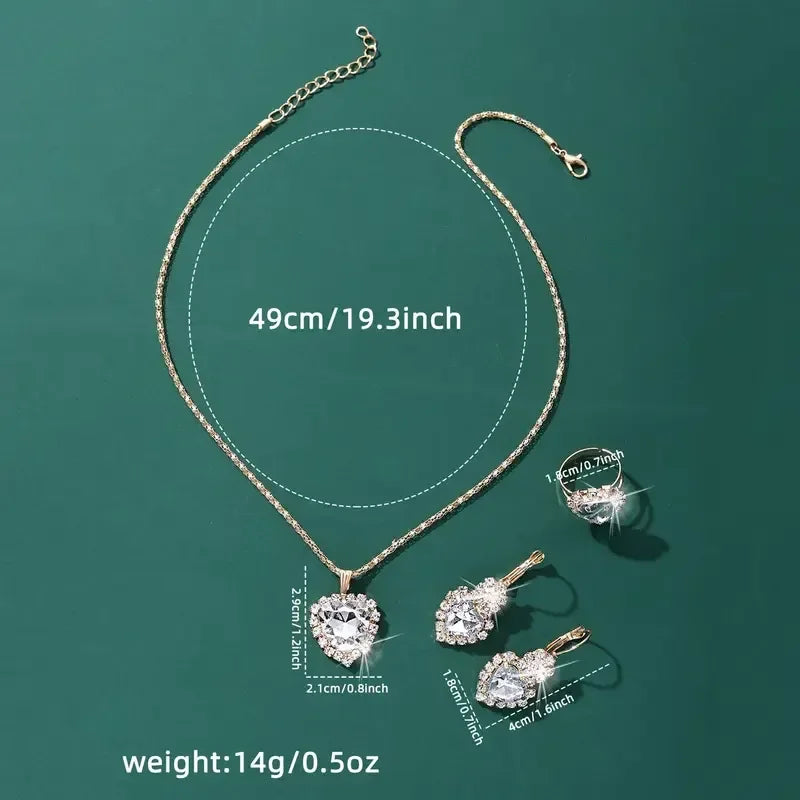4-Piece Gold-Tone Jewelry Set – Heart Rhinestone Necklace, Earrings, Ring & Cup Design, Stainless Steel