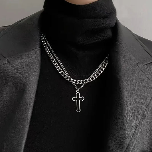 Double-Layered Cross Pendant Necklace – Elegant Religious Jewelry for Men & Women