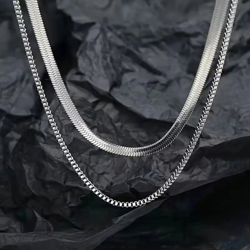 925 Silver-Plated 2-Piece Avant-Garde Necklace Set – Snake & Box Chain, Unisex Fashion Jewelry