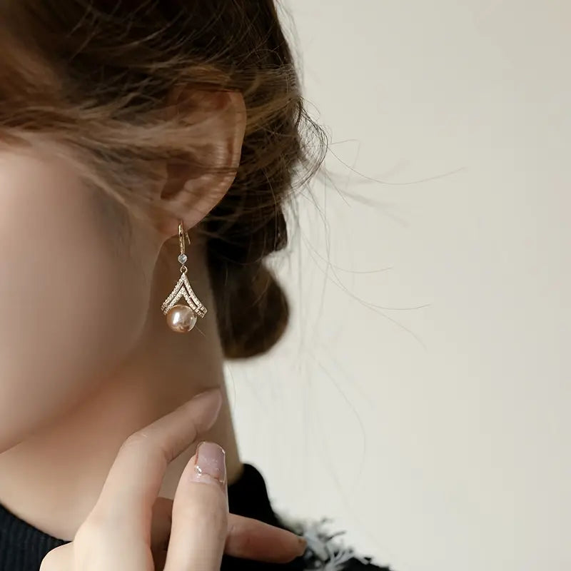 Celestial Drop Earrings – Rhinestone & Pearl Design, Champagne-Toned, Perfect for Daily Wear