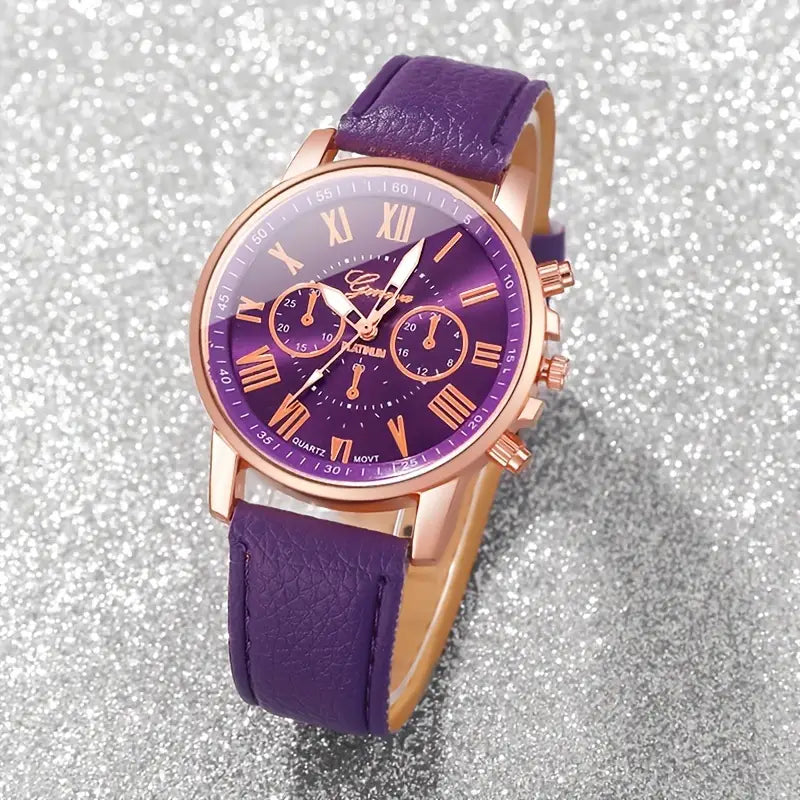 Women's Quartz Watch Set – Elegant Roman Numeral Dial with PU Leather Strap, Perfect Gift for Any Occasion