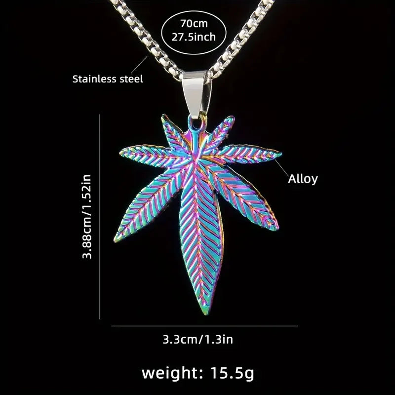 Rainbow Leaf Pendant Necklace - Stainless Steel Chain