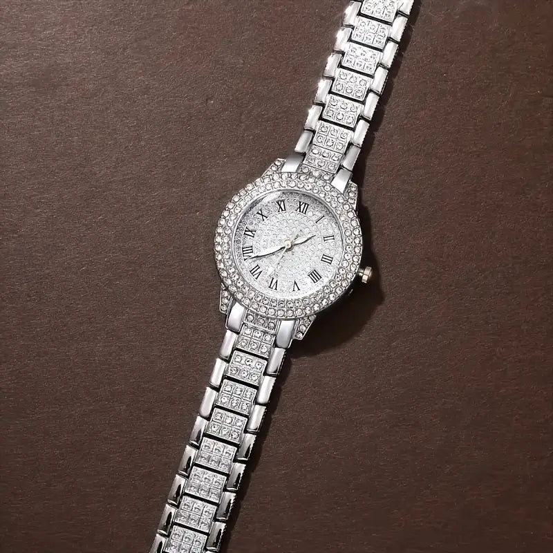 4-Peice Fashionable Women's Quartz Watch Set - Rhinestone Stainless Steel Bands