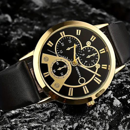 Men’s PU Leather Watch & Bracelet Set – Lion Face Design for Bold Everyday