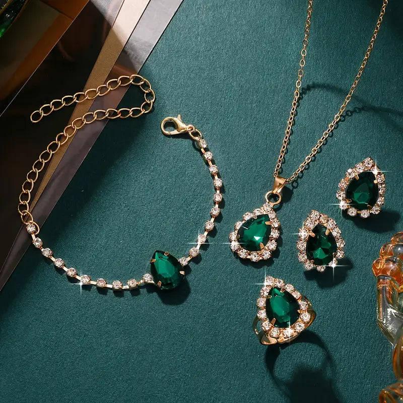 5-Piece Luxury Women's Jewelry Set - Green Emerald Faux Stones