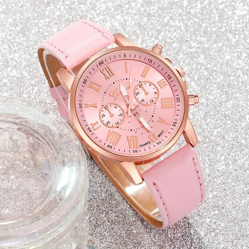 Women's Quartz Watch Set – Elegant Roman Numeral Dial with PU Leather Strap, Perfect Gift for Any Occasion