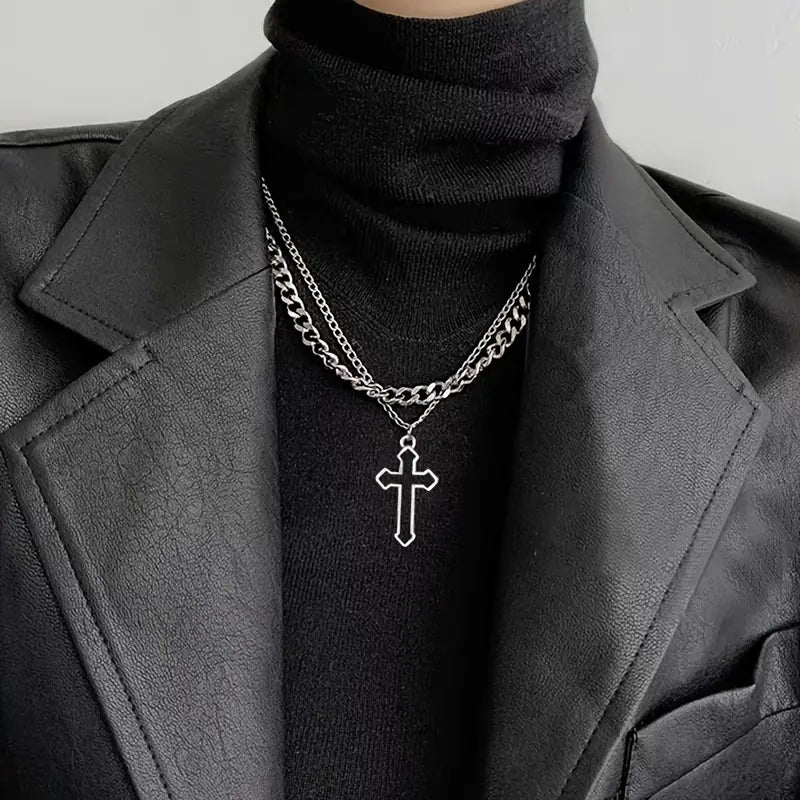 Double-Layered Cross Pendant Necklace – Elegant Religious Jewelry for Men & Women