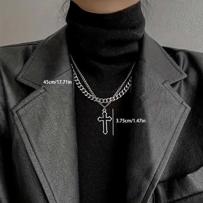 Double-Layered Cross Pendant Necklace – Elegant Religious Jewelry for Men & Women