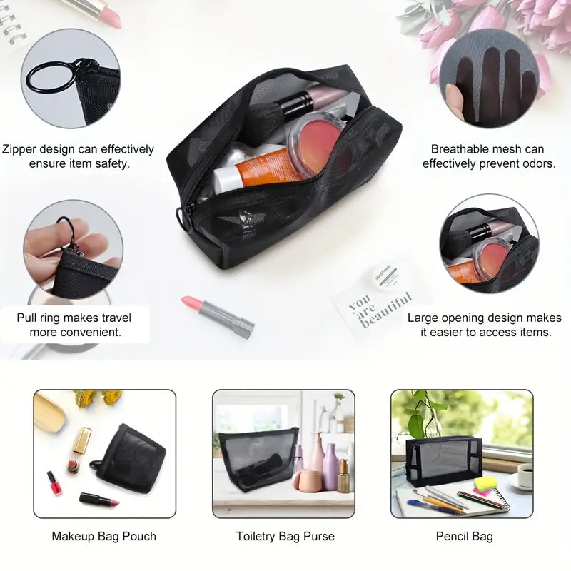 3-Piece Mesh Cosmetic Bag Set – Portable Travel Makeup & Toiletry Organizer with Zipper Closure