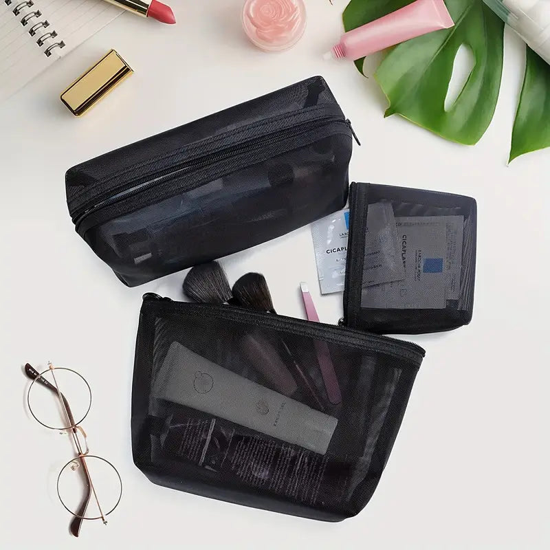 3-Piece Mesh Cosmetic Bag Set – Portable Travel Makeup & Toiletry Organizer with Zipper Closure